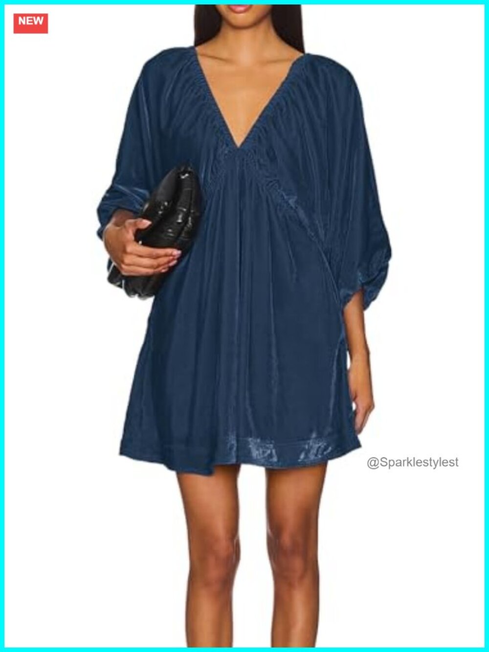Velvet Loose Tunic Mini Dress 3/4 Sleeve Deep V Neck Ruched A-Line